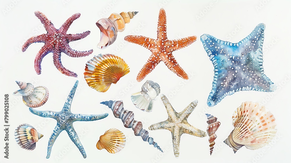 A detailed watercolor depiction of starfish and seashells, textured and colored in natural hues, scattered artistically, isolated on a white background - obrazy, fototapety, plakaty 