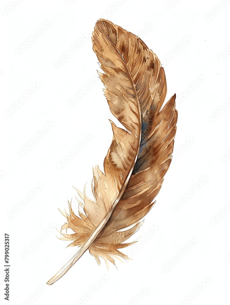 A watercolor artwork depicting an eagle feather, delicately rendered with fine lines and natural brown hues, elegantly isolated against a white background. - obrazy, fototapety, plakaty 