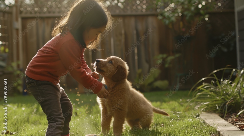 Golden sunlight bathes a backyard scene, where a child tenderly teaches a golden puppy to fetch, a moment of pure, innocent joy in the simplicity of play. Golden sunlight bathes a backyard scene, where a child tenderly teaches a golden puppy to fetch, a moment of pure, innocent joy in the simplicity of play.