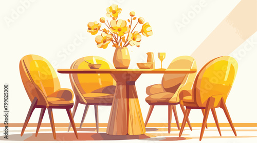 Modern chairs at wooden round table with flower bou photo