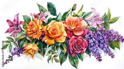 A watercolor painting of a bouquet of roses, lilies, and lilacs.