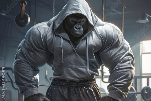 A silverback gorilla wearing a grey long sleeve hoodie, posing in a gym background with a muscular bodybuilder physique photo