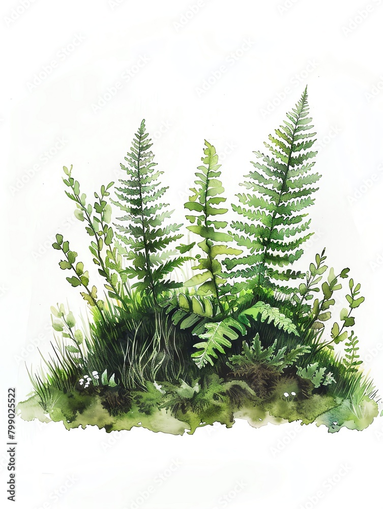 A watercolor painting of delicate ferns and moss, detailed and naturalistic, set against a pure white background A watercolor painting of delicate ferns and moss, detailed and naturalistic, set against a pure white background