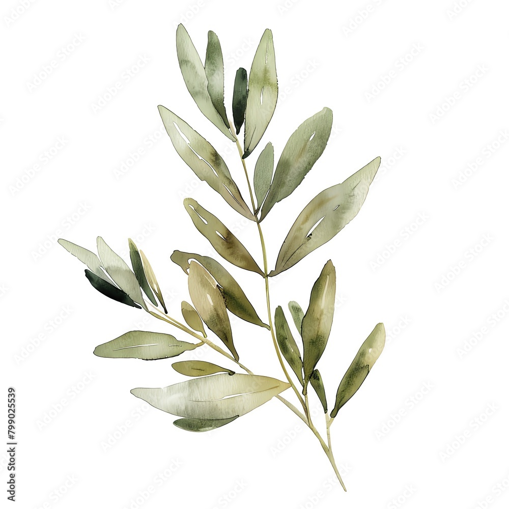A watercolor painting of an olive branch with green leaves. branch, green, leave, botanical, illustration, art, nature, chic, style, fresh, sketch, simple, stroke, earthy, sub, rustic, clean, draw