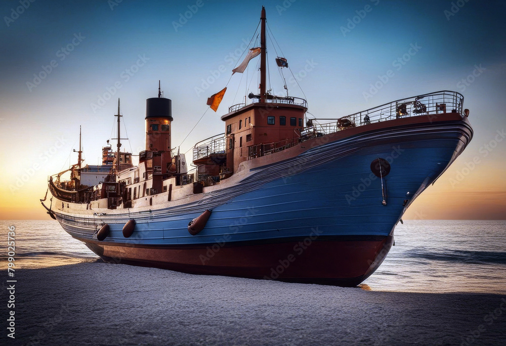 Fototapeta premium ship boat sea yacht ocean water blue sailing sky sail horizon summer fishing travel landscape sailboat nature white wave luxury vacation view holiday vessel sport yachting sunset cruise