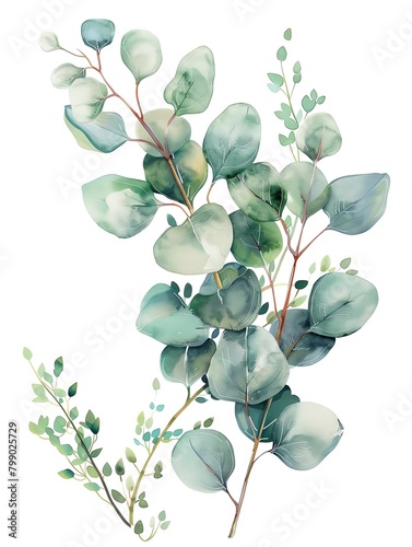 watercolor painting capturing the essence of eucalyptus leaves, greenery and botanical beauty. soft lighting creating a tranquil atmosphere. modern piece adds a touch of nature-inspired elegance