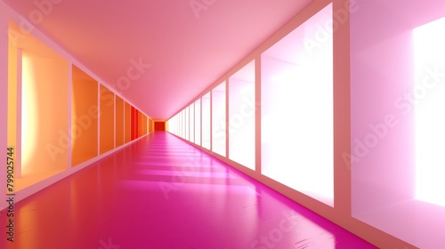   A long hallway Pink and yellow walls Bright light from end