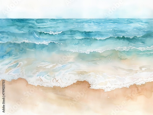 watercolor painting of ocean waves crashing on a sandy beach with white background