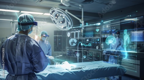 Surgeons in a high-tech operating room using advanced AI and virtual reality interfaces for a precision-led surgery, with digital data overlays and monitoring screens.