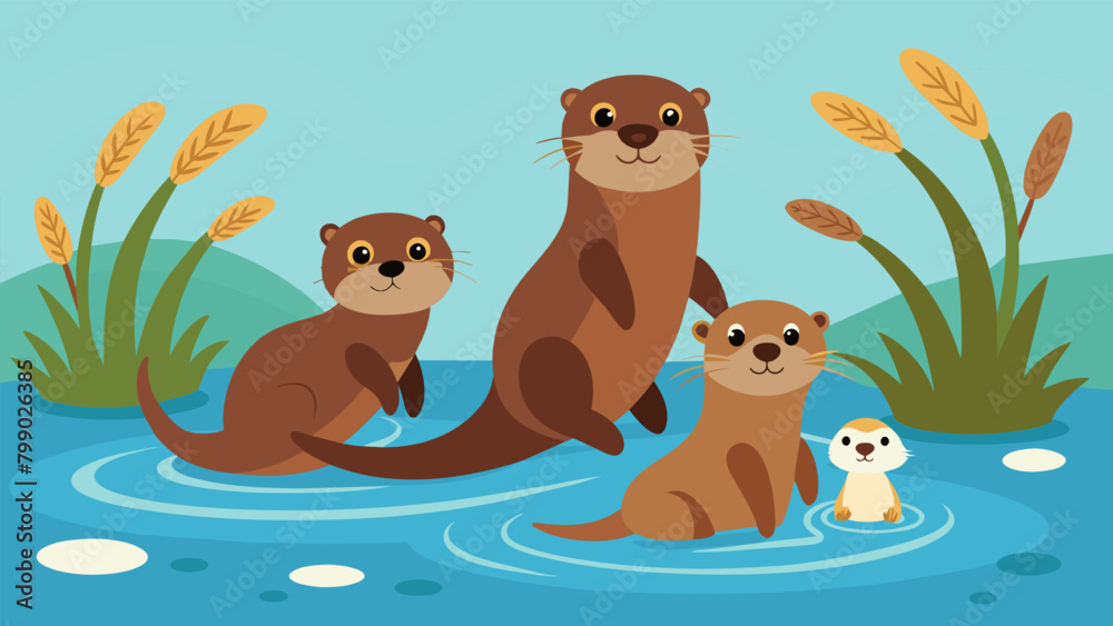 A playful family of otters splash and swim in a tranquil pond their carefree antics bringing joy to the familys faces. A playful family of otters splash and swim in a tranquil pond their carefree antics bringing joy to the familys faces.