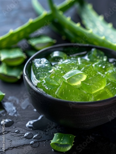 A close-up of pure aloe vera gel, freshly extracted into a green bowl, with raw aloe leaves in the backdrop, symbolizing natural skincare and wellness.