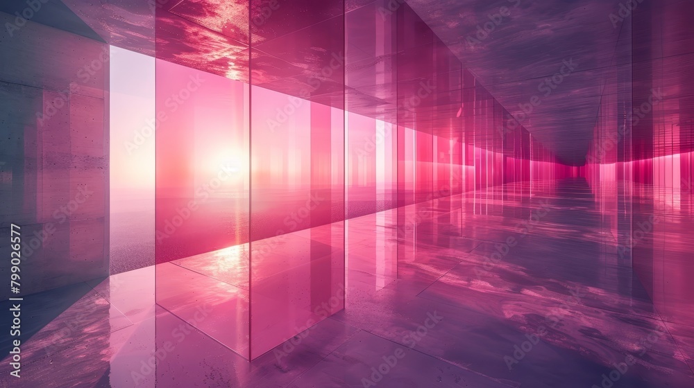 A room adorned with numerous mirrors along a wall, enhanced by pink and purple light fixtures, and overhead, a cloud-filled sky A room adorned with numerous mirrors along a wall, enhanced by pink and purple light fixtures, and overhead, a cloud-filled sky