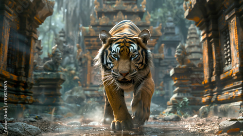 A ghostly tiger prowls through ancient ruins in the deepest jungle photo