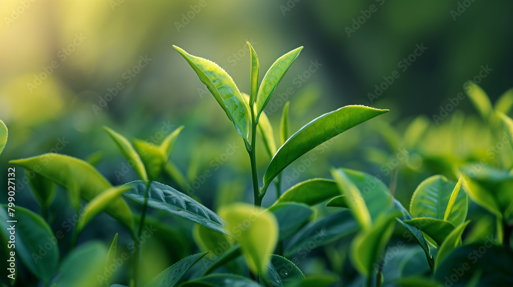 Obraz premium Evening sunlight filters through fresh tea leaves, emphasizing their bright green hues and delicate veins