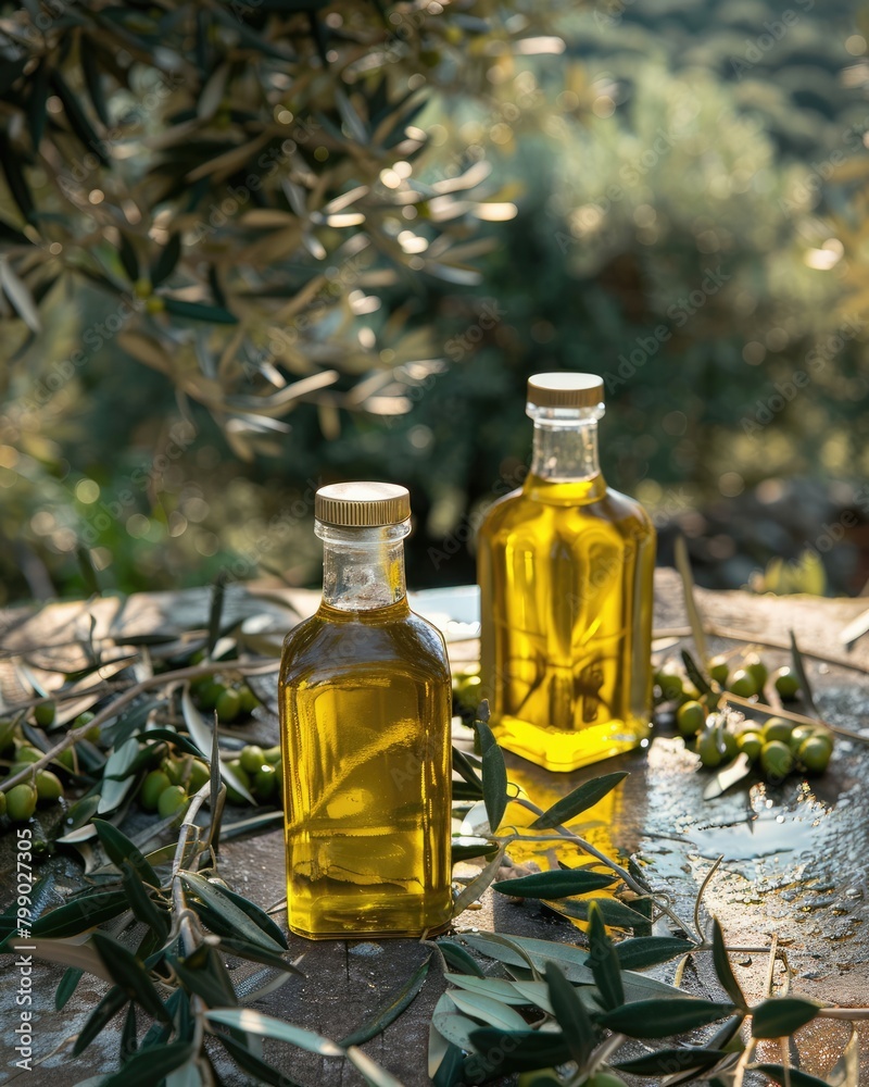 Artisanal Olive Oil, Bottle Surrounded by Branches Scene