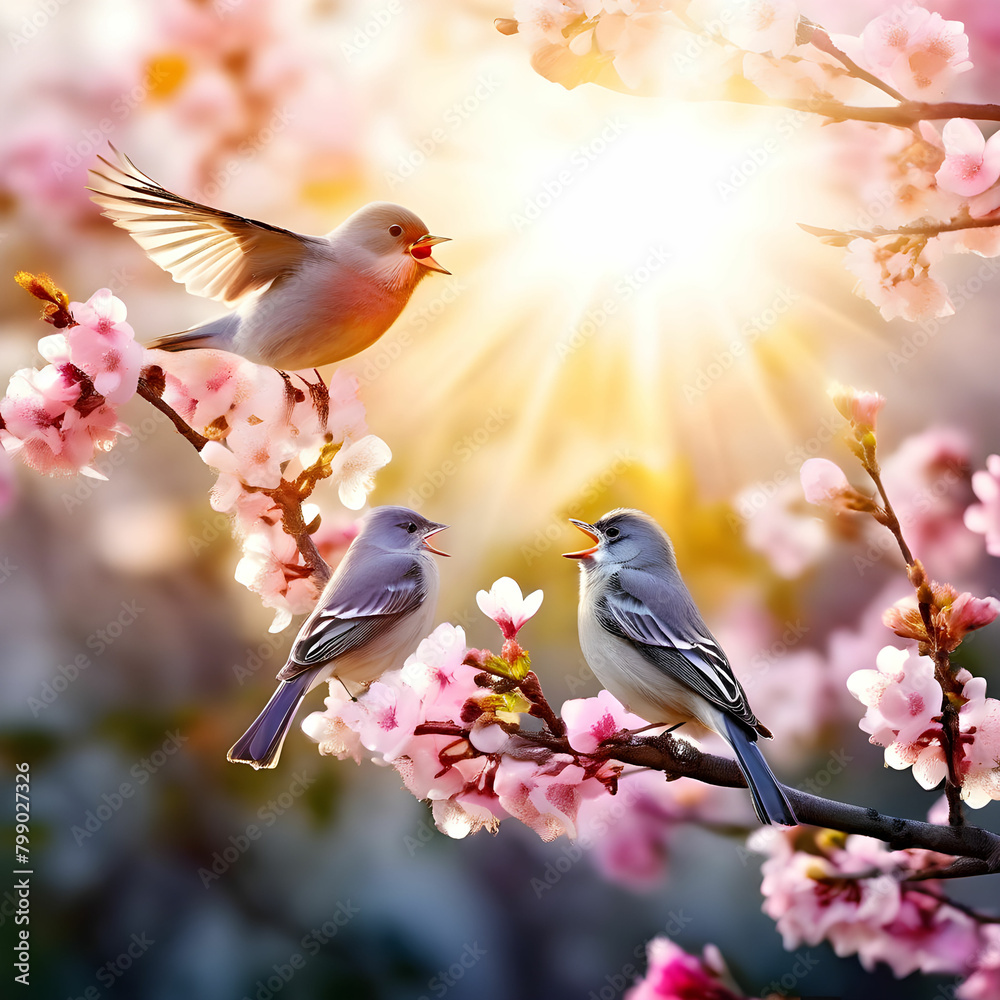 Flock birds blossom in spring
