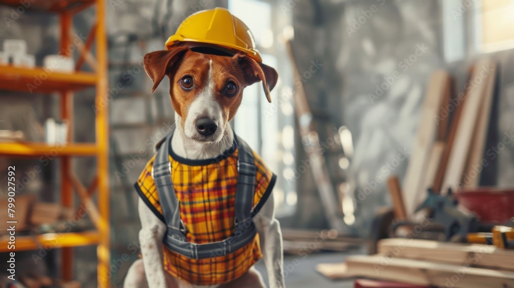 In the midst of a bustling construction site, a determined dog sports a hard hat and a plaid safety vest, humorously embodying the can-do spirit of a diligent worker ready to tackle the next project. In the midst of a bustling construction site, a determined dog sports a hard hat and a plaid safety vest, humorously embodying the can-do spirit of a diligent worker ready to tackle the next project.