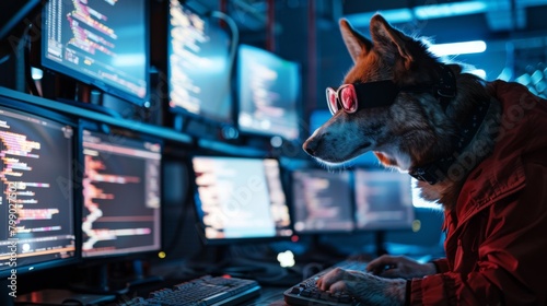 Amidst a high-tech control room, a vigilant dog is dressed as a computer programmer, attentively managing complex tasks with an unexpectedly savvy flair. photo