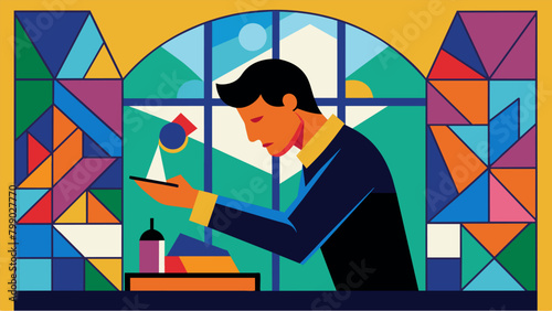 A man meticulously arranging and soldering pieces of stained glass creating a stunning window masterpiece..
