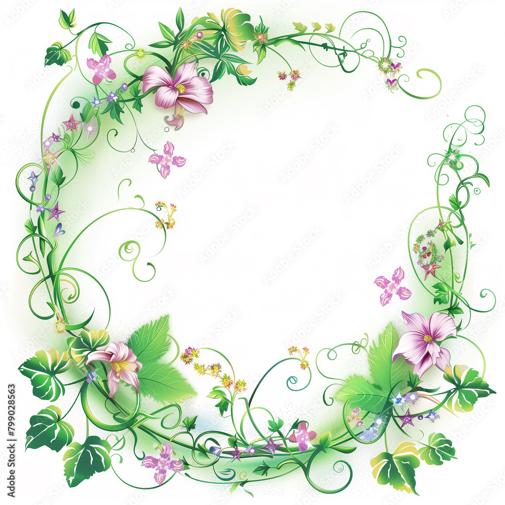 Floral wreath with green vines and purple flowers. Floral wreath with green vines and purple flowers.
