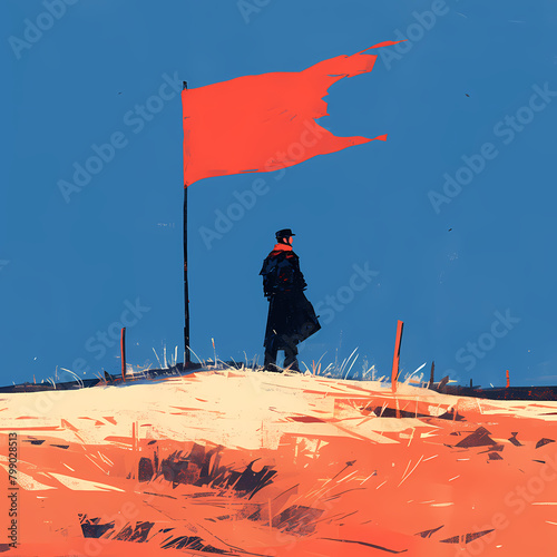 A lone traveler embarks on a journey under the guidance of a crimson flag, symbolizing courage and passion. This inspiring scene captures a moment of introspection amidst an adventurous trek.