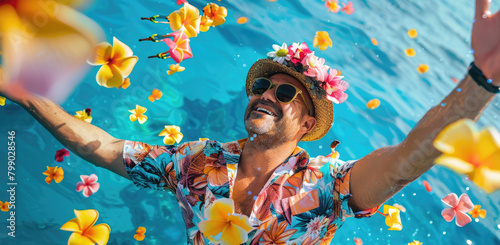 A handsome man with a brown beard wearing a beach hat and floral shirt smiling while standing under a blue sky, colorful flowers flying around him, summer vibes