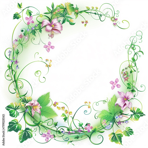Floral wreath with green vines and purple flowers.