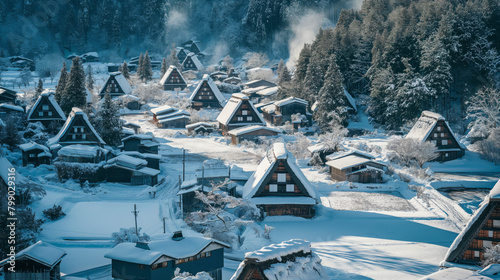 A serene, snow-clad landscape showcasing traditional Japanese homes with iconic steep roofs, designed to prevent snow accumulation photo