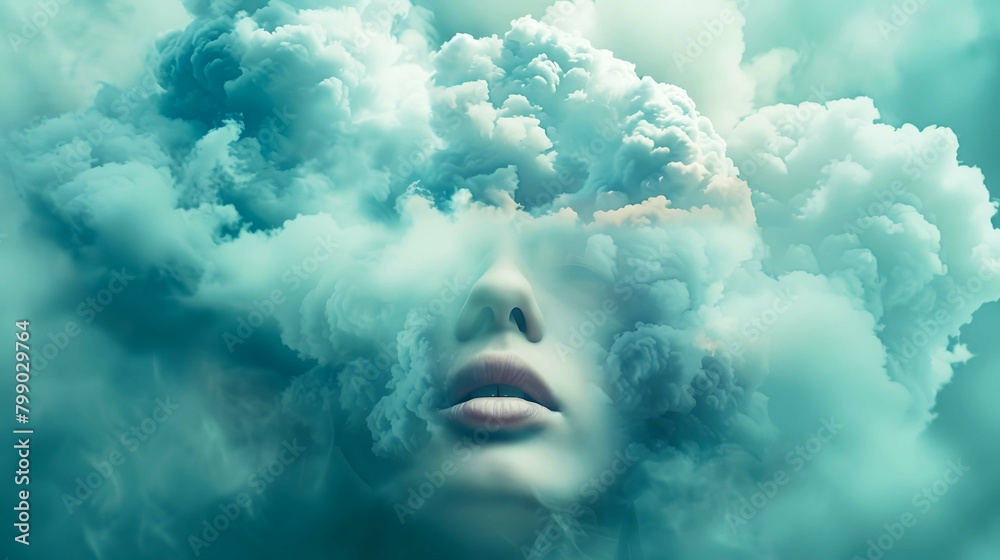 A surrealistic portrait of a person with their head in the clouds, symbolizing imagination A surrealistic portrait of a person with their head in the clouds, symbolizing imagination