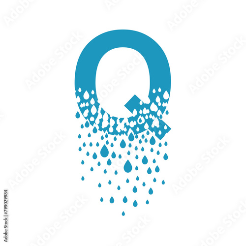 The letter Q dissolves into droplets. Drops of liquid fall out as precipitation. Destruction effect. Dispersion