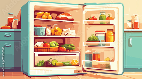 Modern refrigerator with opened door full of variou