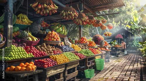 Lush tropical fruit stall, vibrant colors, daylight, wideangle lens