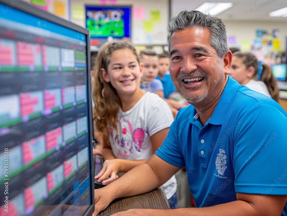 A man in a blue shirt is smiling at a group of children. He is standing in front of a computer monitor