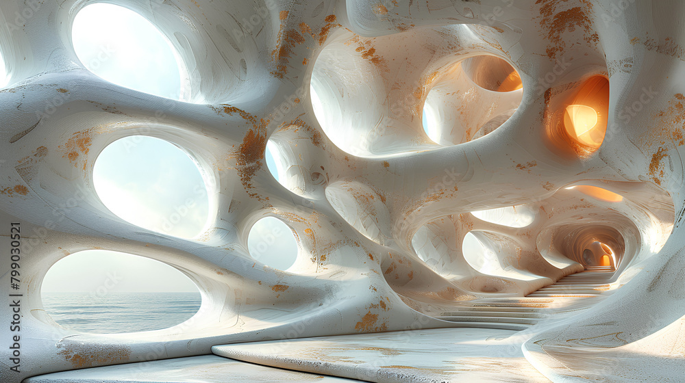 coral-like organic parametric structure interior design, white concrete ...