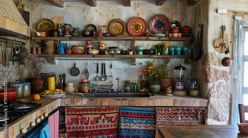 A bohemian kitchen with eclectic decor and vibrant textiles.