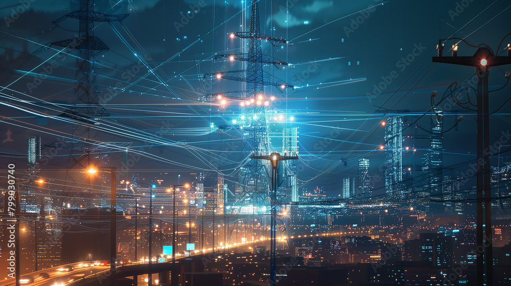 Wireless power transmission tower lighting up a futuristic city 
