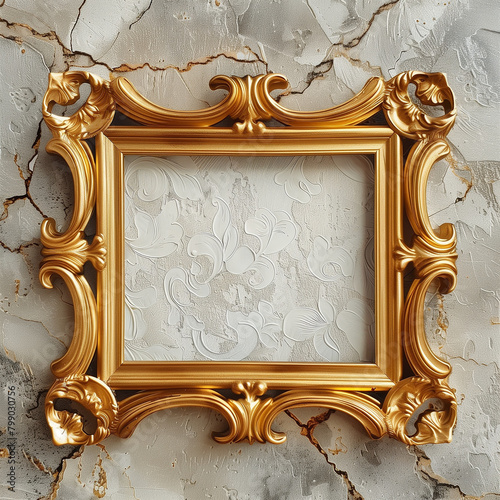 Ornate golden frame on a textured wall.