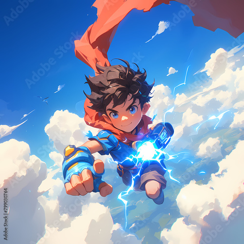 Courageous Young Hero Soars Above Clouds - Stock Photo