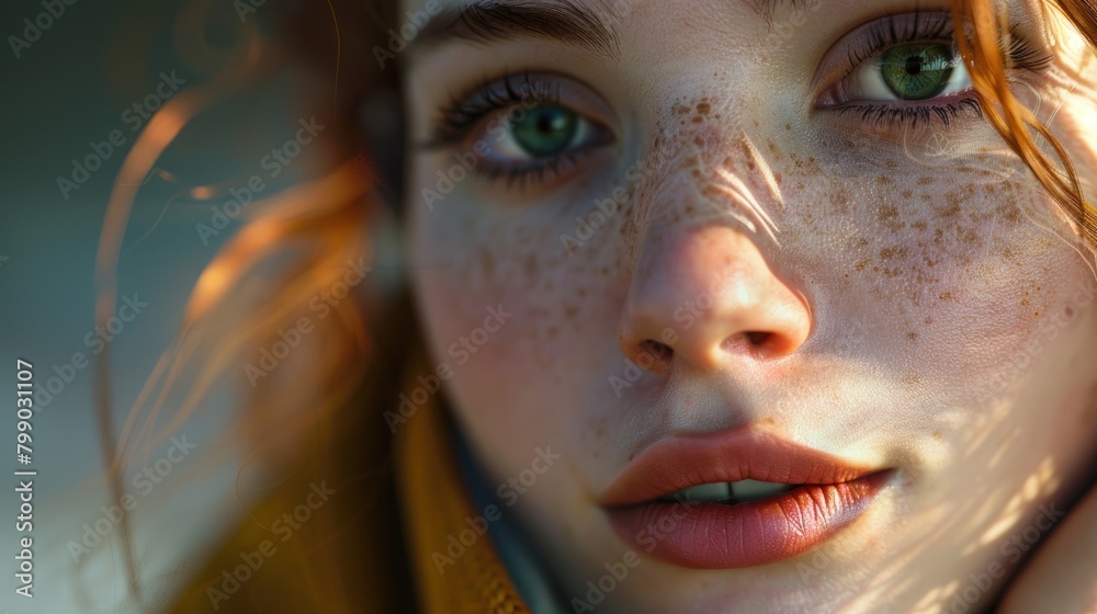 Close-Up Portrait of Woman with Green Eyes and Freckles