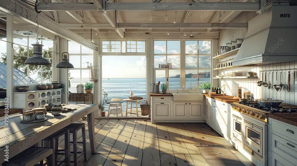 A coastal kitchen with nautical decor and ocean views.