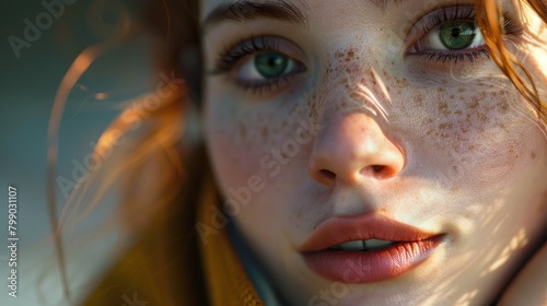 Close-Up Portrait of Woman with Green Eyes and Freckles