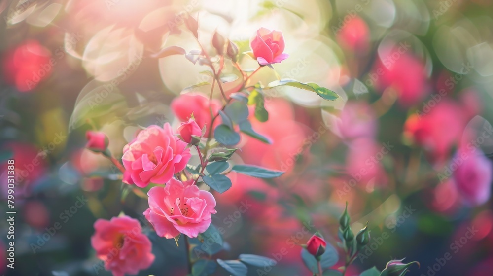 Pink roses bush, blooming flowers in the back Pink roses bush, blooming flowers in the back
