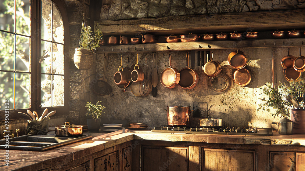 A cozy kitchen adorned with hanging copper pots and pans.