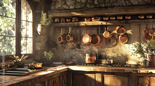 A cozy kitchen adorned with hanging copper pots and pans. photo