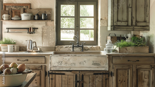 A farmhouse-style kitchen with a farmhouse sink and distressed wooden cabinets.
