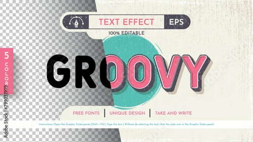5 Groovy Editable Text Effects, Graphic Styles. Vector Mockup and Template. Slogan and Brand Company.