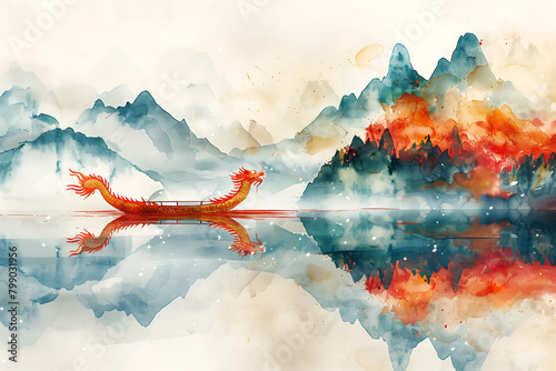 Dragon Boat Festival watercolor illustration, Chinese Dragon Boat Festival rice dumplings, legend of Qu Yuan, giant rice dumplings on the river, dragon boat, abstract watercolor painting