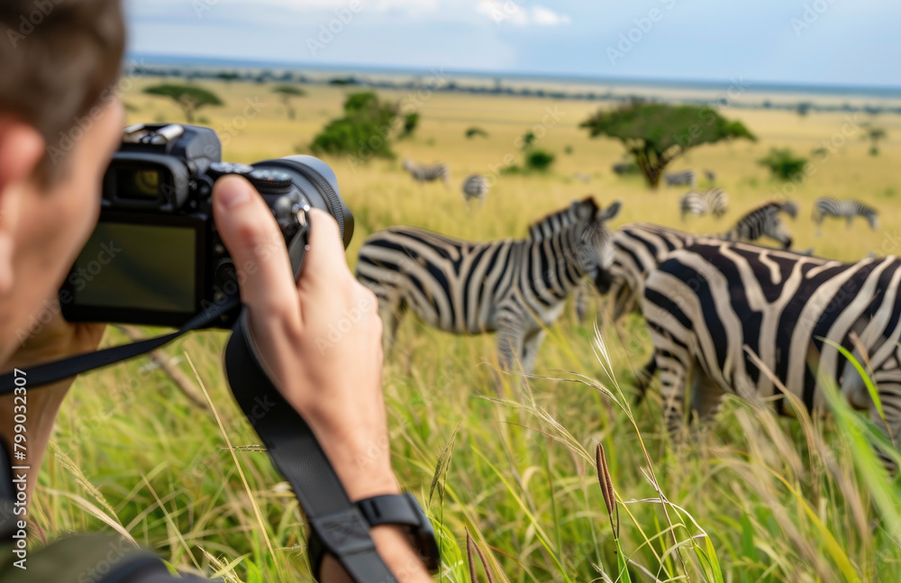 A person holding an expensive camera, taking pictures of zebras in the savannah. The focus is on their hand and part of his face visible behind it, showing he's looking at something