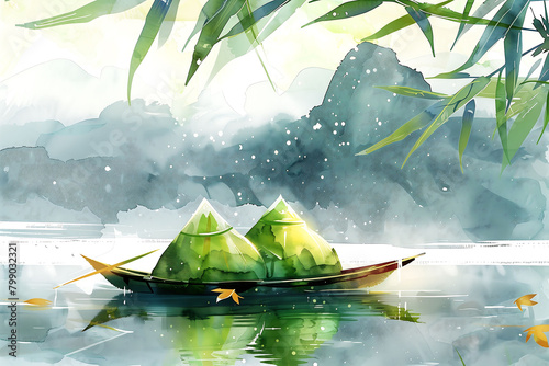 Dragon Boat Festival watercolor illustration, Chinese Dragon Boat Festival rice dumplings, legend of Qu Yuan, giant rice dumplings on the river, dragon boat, abstract watercolor painting