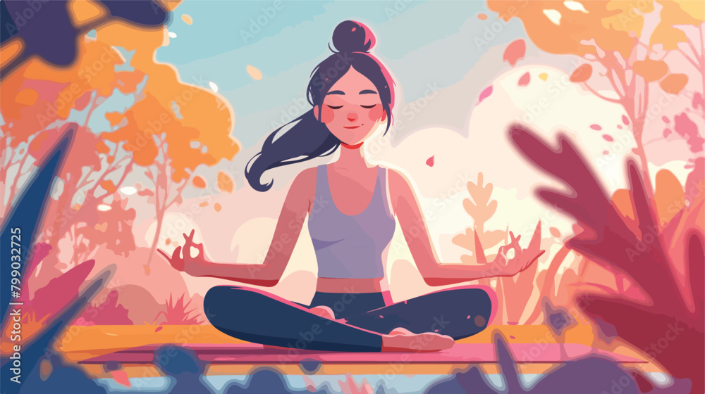 Modern young woman in lotus posture meditating and